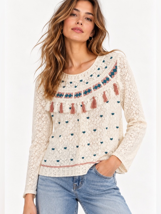 Anthropologie Sweaters - Anthropologie $98 Blue Tassel Tinetto Sweater in Ivory Pink and Blue Hearts NWOT